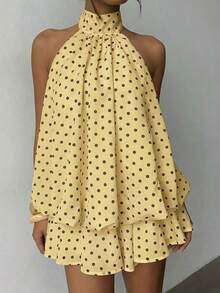 Vestido mini elegante de mujer con estampado de lunares y escote halter sin espalda - Amarillo claro - Ver 3