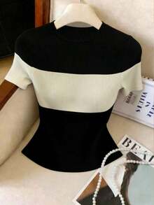 Camiseta casual de mujer de cuello redondo y manga corta con contraste de color acanalado - Multicolor - Ver 4