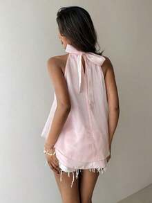Camiseta sin mangas de gasa con cuello halter, fruncida y con línea A, de estilo bohemio minimalista y sexy, color morado berenjena, para primavera/verano - Rosa - Ver 2