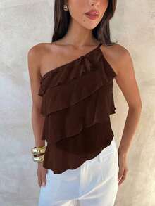 Nueva blusa elegante y romántica de primavera/verano para citas, Día de San Valentín, temporada de bodas, de gasa rosa con un hombro, espalda descubierta, volantes en capas, blusa sexy con volantes para la playa, atuendo de boda, camisa rosa elegan - Marrón - Ver 6