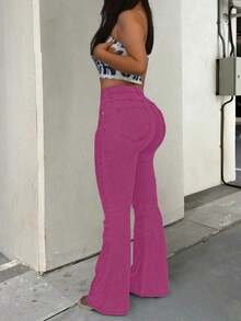 Pantalones vaqueros acampanados de talle alto con estilo Y2K, pantalones casuales elegantes de unicolor y elásticos para mujeres, moda callejera de mezclilla marrón para primavera - Rosa Fucsia - Ver 2