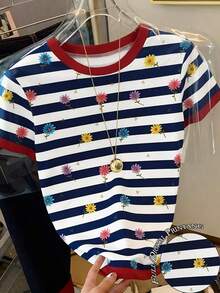 Camiseta de mujer de cuello redondo de manga corta con bloques de color y rayas - Multicolor 10 - Ver 5
