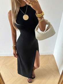Vestido casual y elegante con abertura lateral, liviano para el verano - Negro 2 - Ver 5