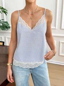 Camiseta de tirantes de mujer con estampado de encaje y parches, ideal para vacaciones de verano - Azul y blanco - Ver 5