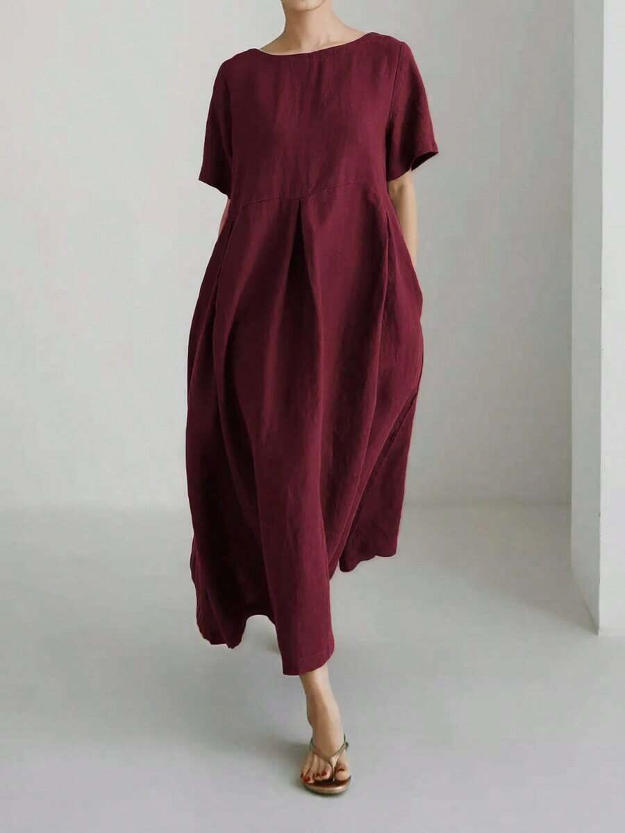 Vestido de lino suelto, casual, elegante y cómodo para mujer.Vestido largo suelto de manga corta, con bolsillo, cuello redondo y unicolor.Ajuste relajado para el verano - Burdeos - Ver 1