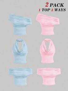 Set de 2 blusas casuales de unicolor de ajuste ceñido que se pueden usar de 3 maneras para mujeres - Celeste - Ver 10