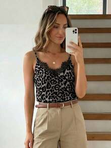 Camiseta de verano para mujer con estampado de leopardo marrón, de estilo minimalista, retro y elegante, versátil para uso diario o vacaciones.Camiseta de mujer con escote en V y encaje de contraste a la moda - Multicolor 9 - Ver 2