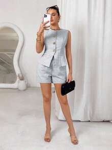 Conjunto de 2 piezas para mujer: Chaleco de metal de un solo pecho y shorts para el verano - Niebla azul - Ver 5
