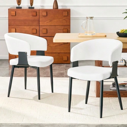 Mid-Century Modern Style Dining Chairs, Set Of 2, Retro Armchairs With Barrel-Shaped Armrests And Patterned Backrests, Faux Leather Kitchen Chairs With Sturdy Legs For Home And Restaurants - White - View 1