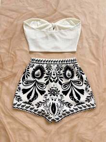 Conjunto informal de 2 piezas de top tubo corto anudado de unicolor y shorts con estampado floral para vacaciones de mujer - Multicolor 3 - Ver 2