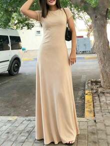 Vestido ajustado de cintura sólido para vacaciones y viajes casuales de verano para mujer - Beis - Ver 6