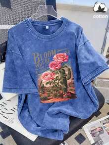 Women's Cotton T-Shirt, Hip-Hop Style, With Fun "Desert Cactus Letters" Print, Custom Floral Design, Desert Print, Street Style, Korean Version, Comfortable, Retro, Fashionable, Versatile, Y2K Clothing, Women's Clothing, Suitable For Outdoor Leisure, Regular Niche Punk Style, Black Short-Sleeved Round Neck T-Shirt, Fitted And Washed. - 白色 - 查看 1