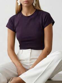 Women's Solid Color Round Neck Raglan Sleeve Casual Top - Burgundy - View 2