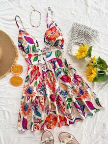 Vestido de vacaciones sin mangas con tirantes tipo espagueti, escote en V, estilo en línea A con huecos y espalda descubierta, 25 estilos - Multicolor - Ver 1