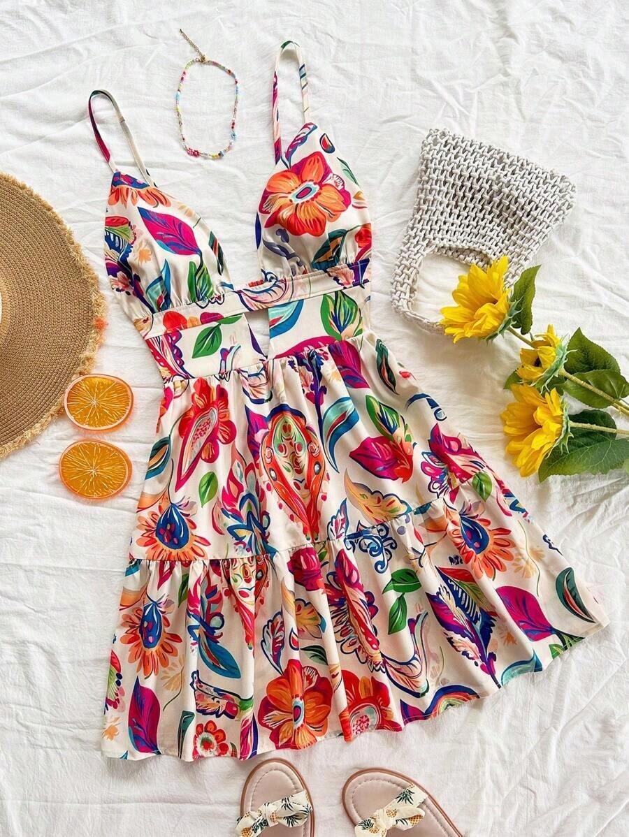 Vestido de vacaciones sin mangas con tirantes tipo espagueti, escote en V, estilo en línea A con huecos y espalda descubierta, 25 estilos - Multicolor - Ver 1