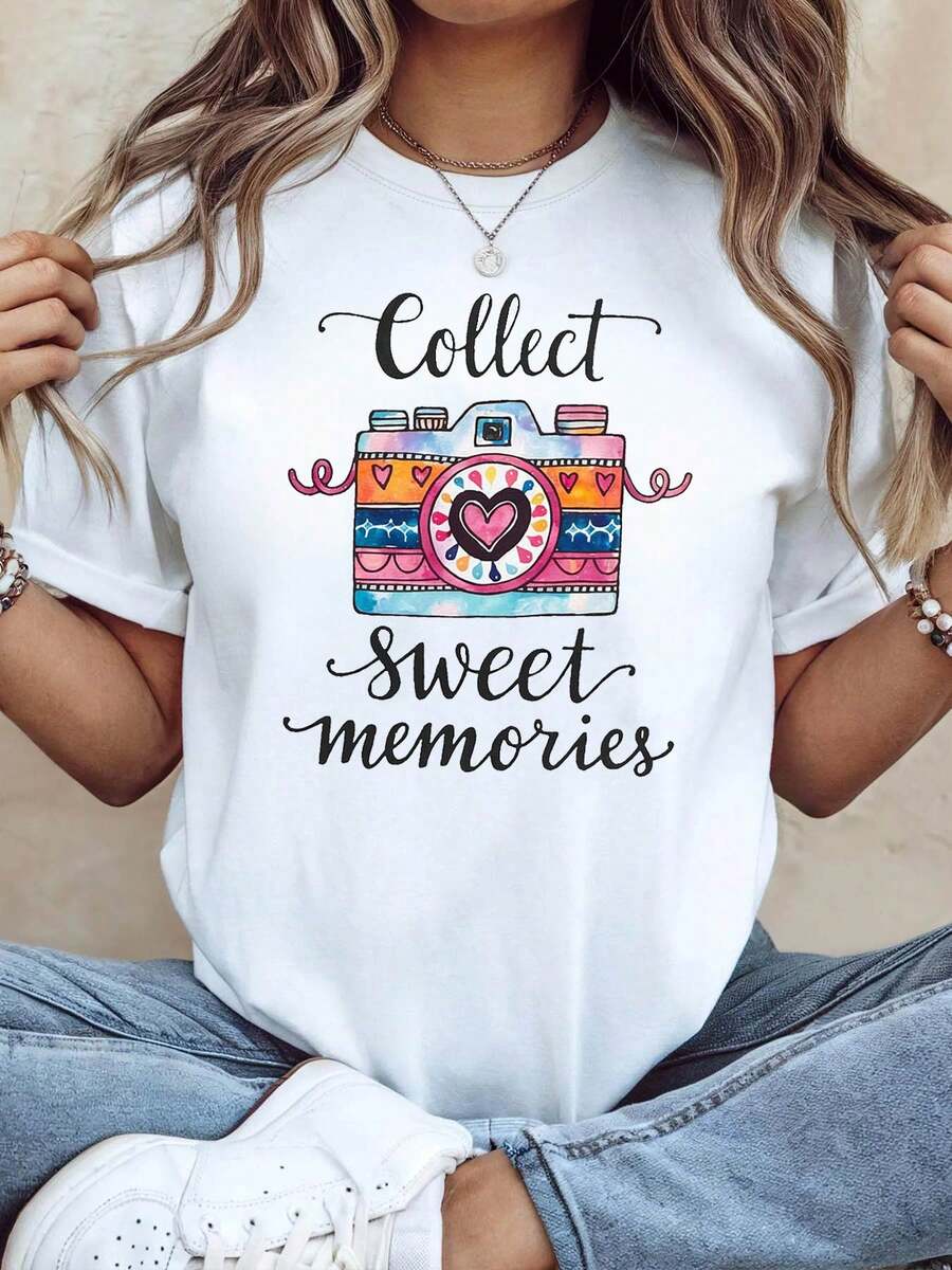 Collect Sweet Memories Camera Theme Women's T-Shirt | Heart Painted Camera And Slogan Decoration, Casual Short Sleeve, Colorful Pink-Blue Fresh Travel Diary Top - 白色 - 查看 1