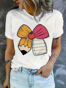 Women's T-Shirt With Colorful Heart-Shaped Bow Print, Loose Round Neck, Ideal For Year-Round Wear And Gifts - 白色 - 查看 1