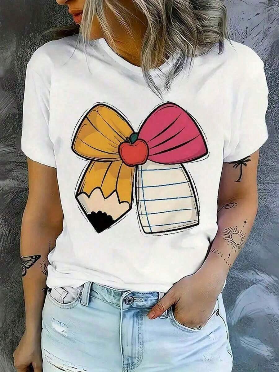 Women's T-Shirt With Colorful Heart-Shaped Bow Print, Loose Round Neck, Ideal For Year-Round Wear And Gifts - 白色 - 查看 1