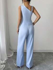 Conjunto de mujer de chaleco sin mangas con botones y tirantes oblicuos para primavera/verano + pantalones rectos con botones - Azul - Ver 2