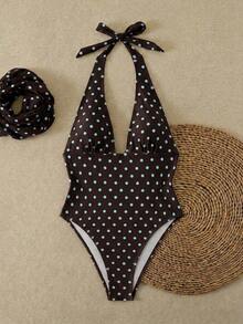 Traje de baño de dos piezas con estampado de lunares, escote asimétrico y espalda descubierta, atuendo de vacaciones en la playa para el verano - Marrón - Ver 10