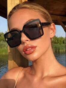 1 pieza Gafas de mujer de plástico sin marco de unicolor decoradas con diamante de imitación de talla grande, estilo casual retro, bohemio, para fiestas, vacaciones, adecuadas para fotografía callejera, playa, exteriores, compras, campamento, conducción - Multicolor - Ver 7