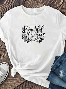 Loose Women's Short Sleeve T-Shirt With "Beautiful And Wild" Letter Print | Fashionable Casual Fabric, Medium Stretch, Machine Washable, Crew Neck, Regular Fit, Suitable For Everyday Wear And Lounging At Home. Cotton Women's T-Shirt, Breathable And Sweat-Absorbent Summer Short Sleeve - 黑色 - 查看 7