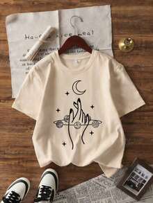 Camiseta de cuello redondo y mangas cortas de ropa fashion, fabricada en México, para la temporada primavera-verano 2026. Con estampado de dibujos animados, es un modelo de pareja, apta para usar tanto por dentro como por fuera, ideal para oficina y estilo casual, diseñada para hombres y mujeres, en unidad individual.Pure-Cotton - Albaricoque - Ver 4