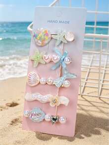 5pcs/Pack Mermaid Shell Hair Clips, Cute Korean Style Hairpins, Sweet Hairclips For Girls - Blue - View 8