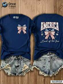 100 Percent CottonWomen's America "Land Of The Free" Bow & Flag Print T-Shirt - 4th Of July Outfit, Casual Crew Neck Top With Map Design Suitable For Spring Summer, Gift (Local Shipping),Vintage Fabric,Summer Outfits For Women,Vacation Outfits Women,4th Of July Outfit Women,Oversized Campus Shirt - 藏蓝色 - 查看 3