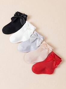 5 pares de calcetines de media caña para niños y niñas con decoración de moño en colores de caramelo aleatorios, estilo princesa con volantes, suaves y cómodos - Multicolor - Ver 6