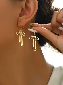 1 par de pendientes colgantes con lazo, elegantes y versátiles de moda de lujo, adecuados para uso diario de mujeres - Dorado - Ver 1