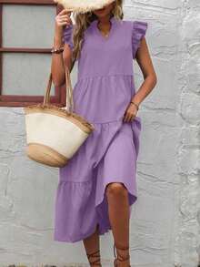 Vestido de esmoquin con cuello en pico y ribete de volantes para ropa de Año Nuevo, vestidos largos para vacaciones y atuendos de playa para mujeres - Morado - Ver 3