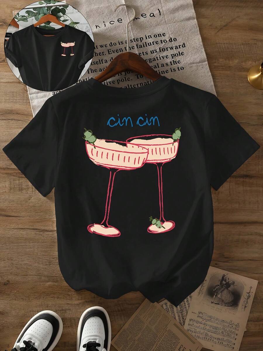 Camiseta con estampado de patrón de cóctel, diseño simple y versátil, manga corta, cuello redondo, estilo casual, camiseta de algodón para mujer, primavera/verano. - Negro - Ver 1