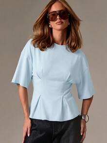 Camiseta de algodón rojo con peplum, de manga corta, cuello redondo, cintura ajustada, casual - Azul - Ver 3
