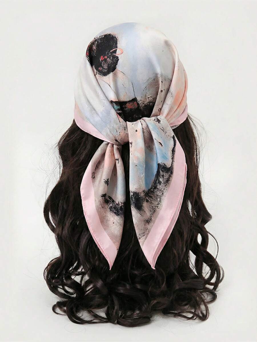 1pc Printed Polyester Casual Scarf, 70cm Square, Versatile Accessory For All Seasons - #3 Pink Edge - View 1