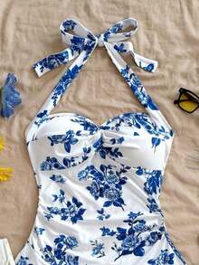 AVestido mini sexy con espalda descubierta, corbata en el cuello, dobladillo fruncido y doble capa, adecuado para fiestas, citas, San Valentín - Azul y blanco 2 - Ver 6