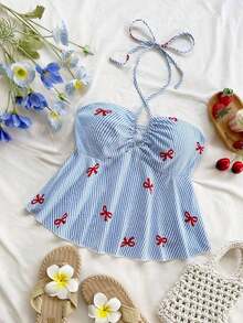 Camiseta de cuello halter casual gris azul texturizada para mujer de vacaciones - Multicolor 2 - Ver 4