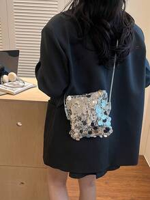 迷你亮片鏈條單肩包，個性化紋理極簡主義斜背包，優雅晚宴包，亮片手提迷你方包，時尚亮片女士手機包，鏈條裝飾可放手機與硬幣，適合購物 - 銀色 - 查看 5