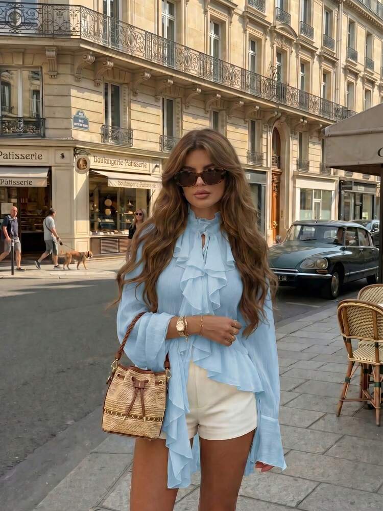 Elegant Romantic Soft Women's Fashion Daily Date Holiday High Collar Ruffle Blouse - Blue - View 4