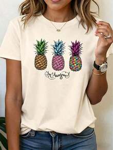 GiftGiftGraphic TeesWomen's Tropical Pineapple Print T-Shirt - Fun Hawaiian Tee With 'I'm Awesome' Text - Lightweight Summer Tee For Beach, Parties And Casual Wear - White Shirt With Colorful Pineapples - Easy Care Crew Neck Blouse, Beach Party Wear, Playful Graphic Tee, Comfortable Fit, Vacation Wear, Cartoon Design, Breathable Material, Short Sleeve Blouse, Women's Cotton Soft - 杏 - 查看 6