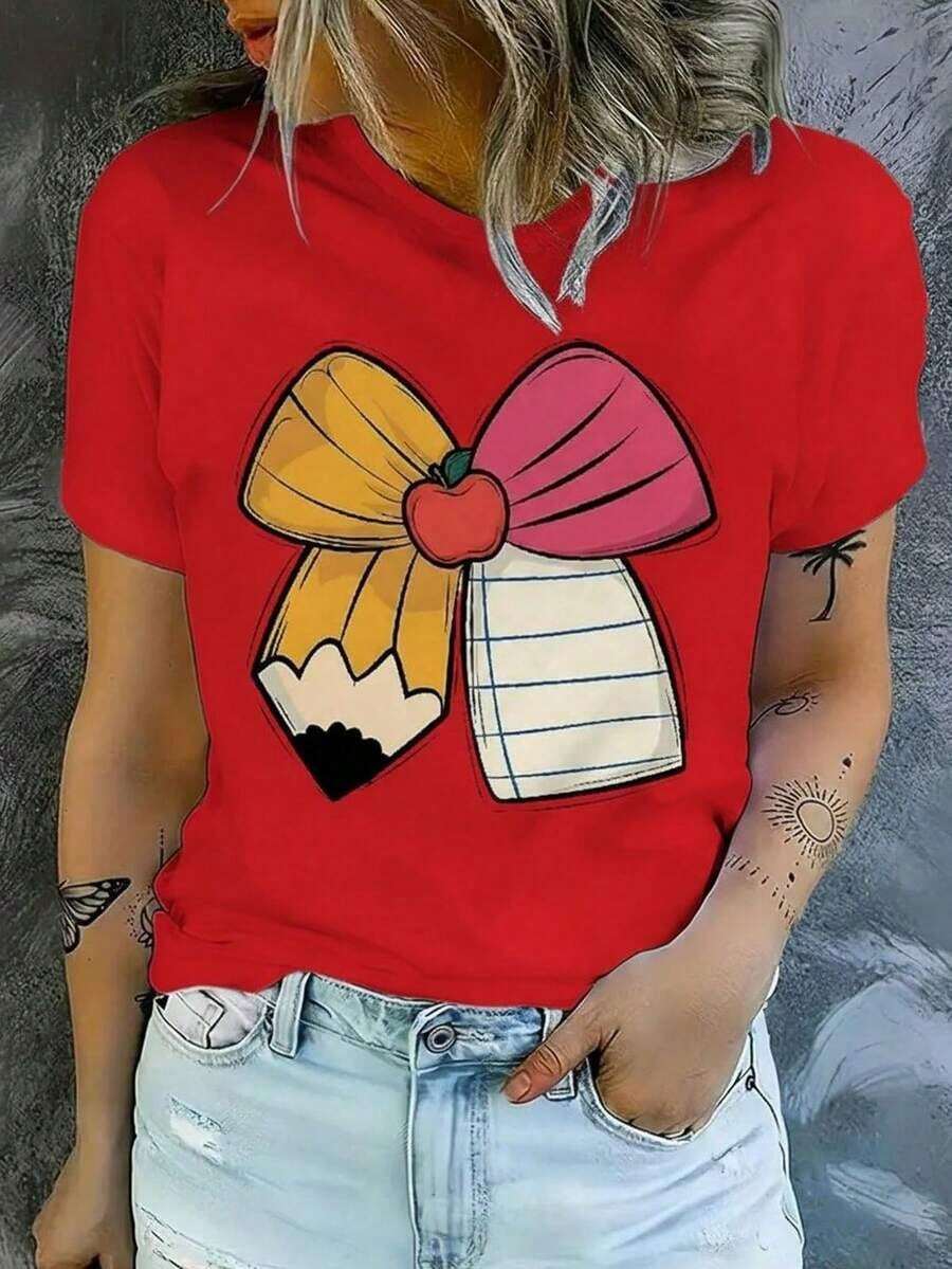 Soft 100% Cotton T-Shirt. Women's Casual Graphic Tee With Creative Bow, Pencil Case, And Notebook Design. Vibrant Colors, Loose Fit, Round Neck, Short Sleeves, Perfect For Spring And Summer. Breathable Cotton Tee, All-Around Cool. - 紅色 - 查看 1