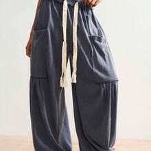 BohoFeels Plus Size Drawstring Waist Loose Pocket Wide Leg Pants - Gris Oscuro - Ver 1