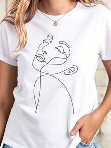 Camiseta de Mujer con Diseño Minimalista de Rostro Artístico, Blanca, Casual, Elegante, para Verano - Blanco - Ver 7