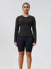 Plus Size Women Long Sleeve T Shirts Fall Fashion Basic Workout Crop Top Slim Fitted Basic Tee,Soft Stretchy Underscrub,Business & Going Out - Black - View 3