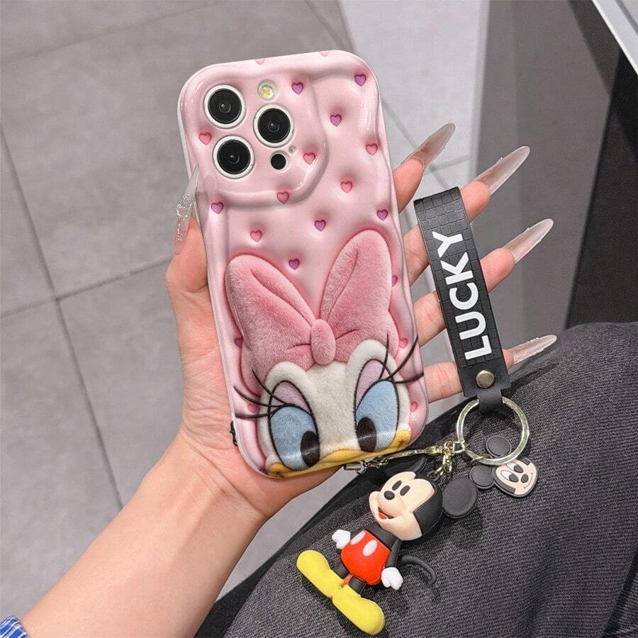 Disney Mickey Mouse Clubhouse Phone Case : 3D Fluffy Pattern Border Protector Phone Soft Phone Case With A Free Cute Mickey Bracelet Chain Lanyard, Mickey, Minnie, Goofy, Donald Duck, Daisy Duck, Pluto, For Apple 17 Promax 17 Pro 16 15 14 13 12 11 Pro Max XS Max X XR Soft Cover Summer Phone Case - trắng - Xem 1