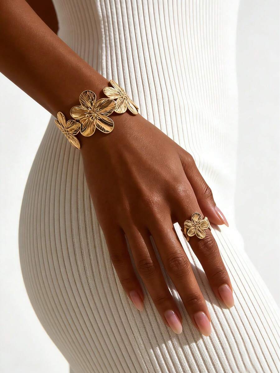 Conjunto de 2 peças de joias femininas com design floral moderno, criativo, simples e elegante, em estilo europeu e americano. - Ouro amarelo - Ver 1