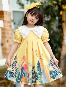 Young Girls Summer New Peter Pan Collar Bow Ruffle Cartoon Animal & Plant Print Casual Dress - Yellow - View 1