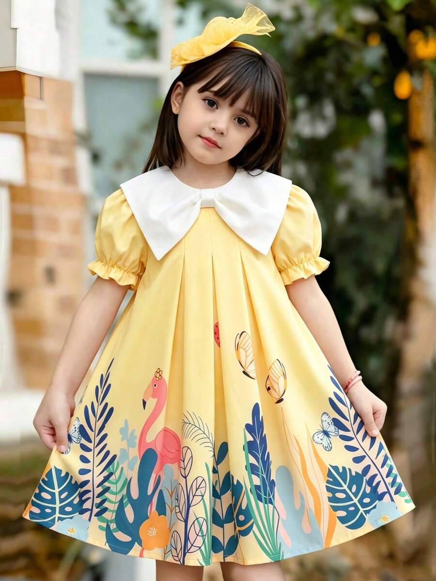 Young Girls Summer New Peter Pan Collar Bow Ruffle Cartoon Animal & Plant Print Casual Dress - Yellow - View 1