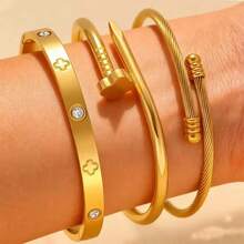 3pcs/1pc Stainless Steel Elegant Rhinestone Four-Leaf Clover Stud Bracelet Set, Stackable Women's Bangle - Gold - View 1