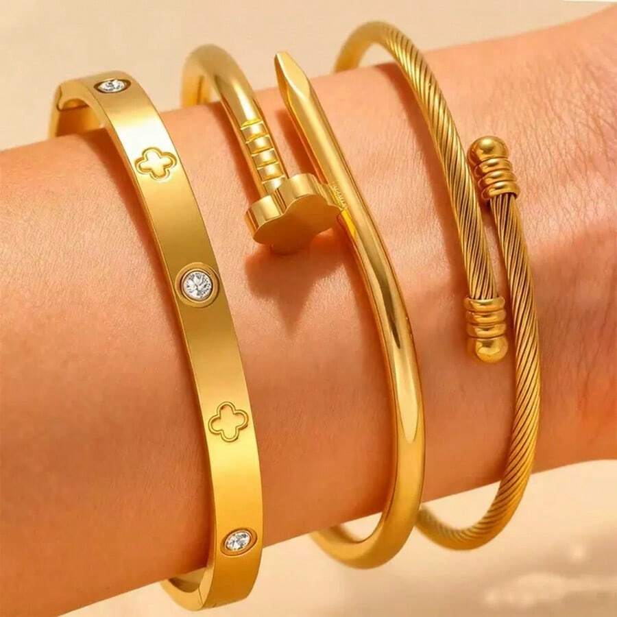 3pcs/1pc Stainless Steel Elegant Rhinestone Four-Leaf Clover Stud Bracelet Set, Stackable Women's Bangle - Gold - View 1